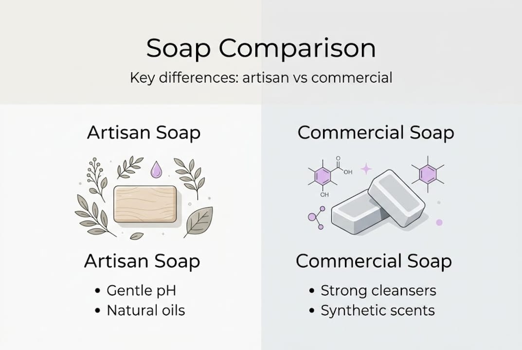 Infographic comparing artisan and commercial soap benefits