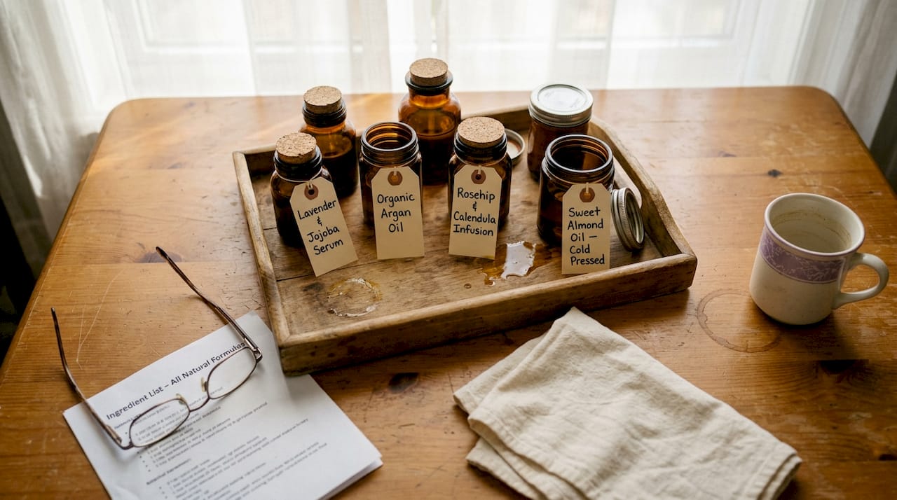 Eco-friendly skincare ingredients on wooden tray
