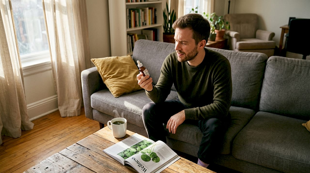 Man reading skincare product label in living room