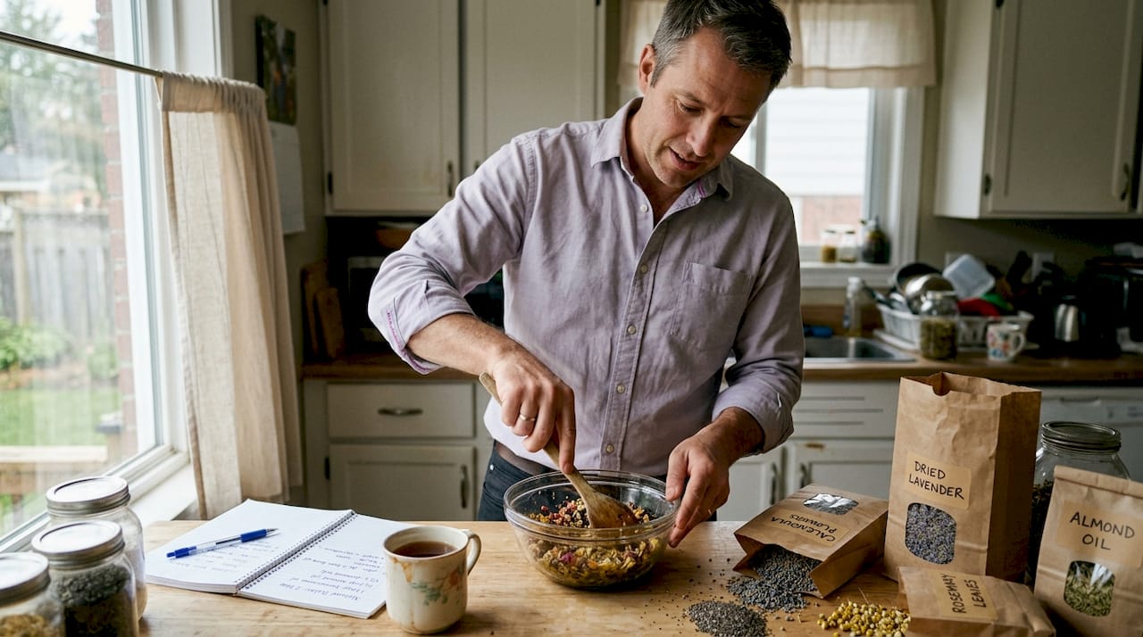 Hands mixing natural skincare in kitchen
