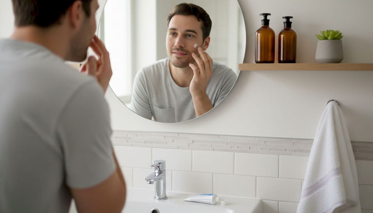 Man applying cream in realistic home bathroom setting
