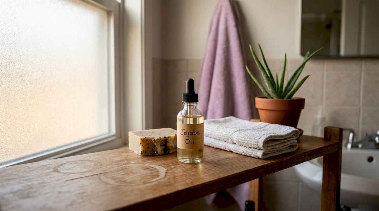 Jojoba oil and aloe on bathroom shelf