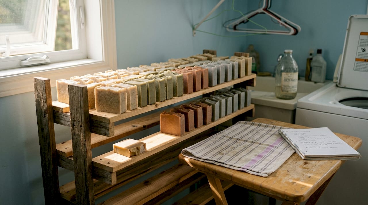 Handmade soap bars curing on wooden rack