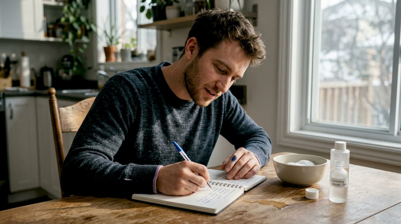 Man writing skincare notes at kitchen table