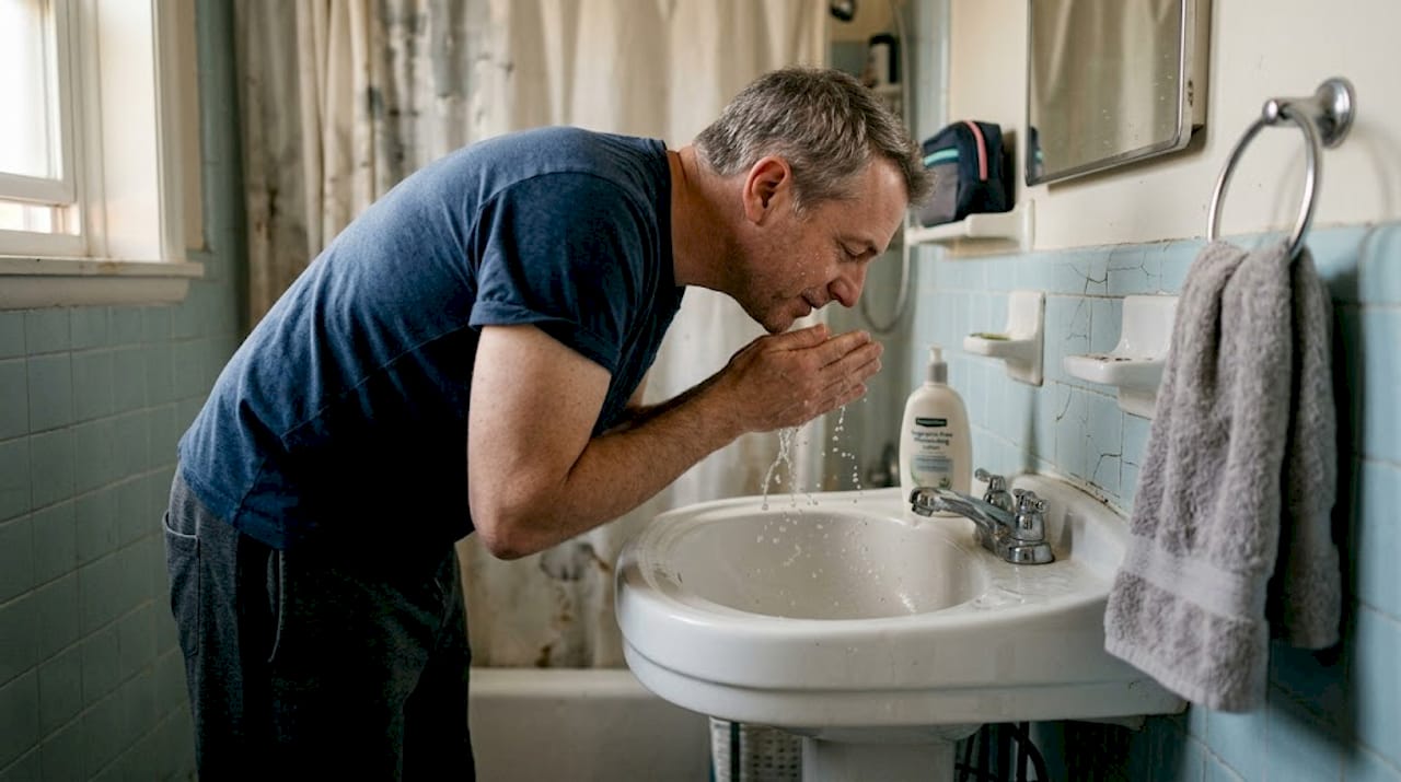 Man washing face with simple pure soap