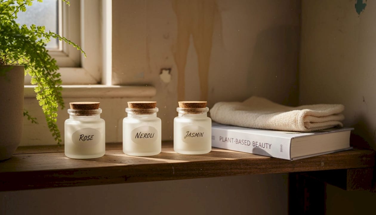 Botanical-infused creams on bathroom shelf