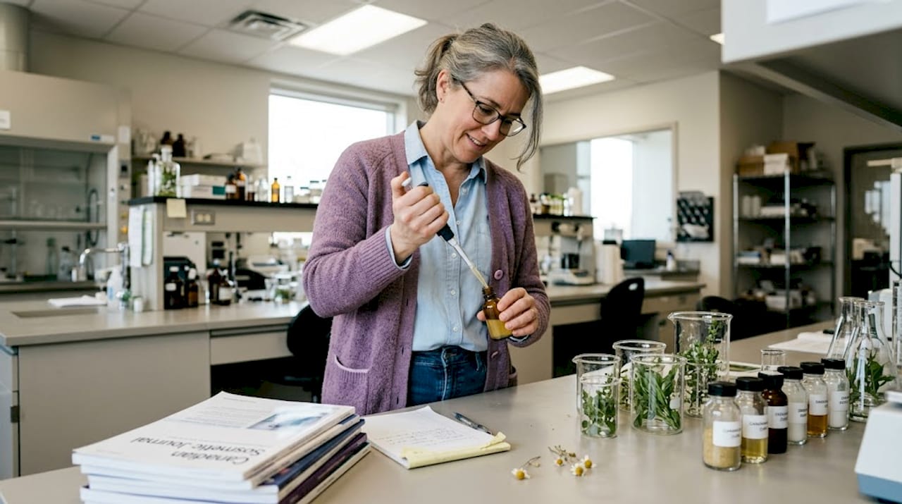 Cosmetic scientist pipetting plant-based formula