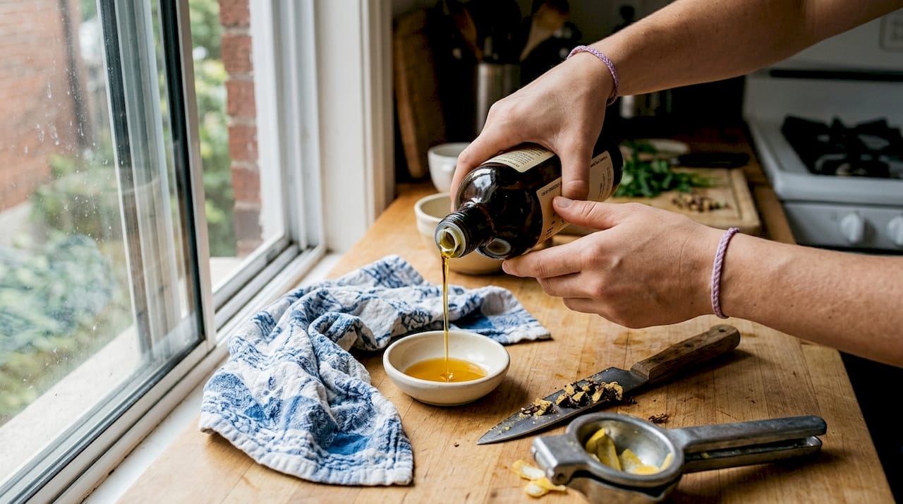 Hands pouring cold-pressed oil in kitchen