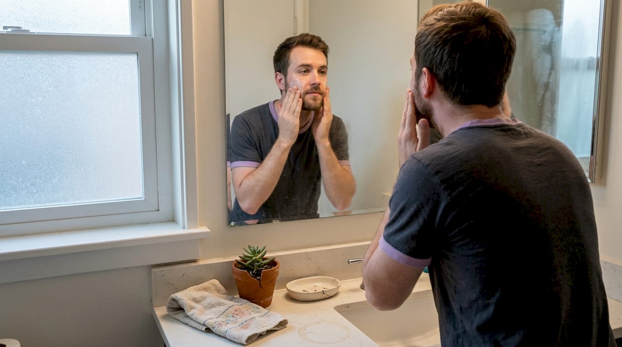 Man using natural skincare during evening self-care