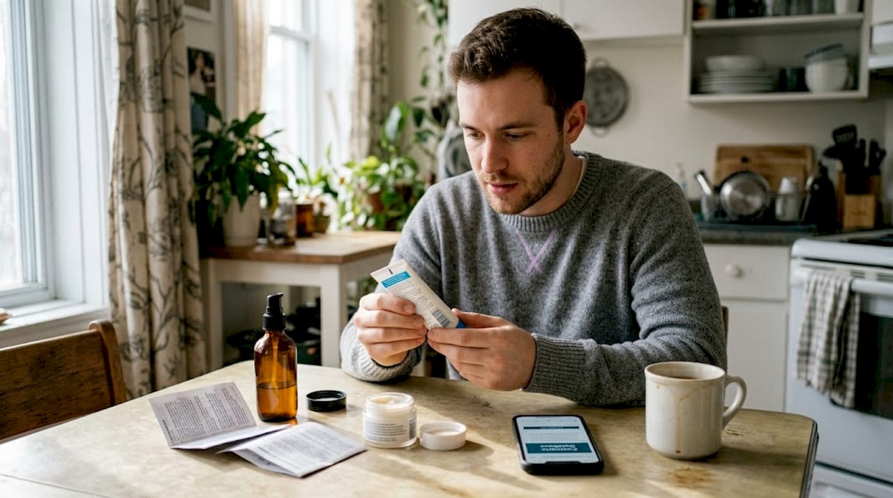 Man reading skincare ingredient labels