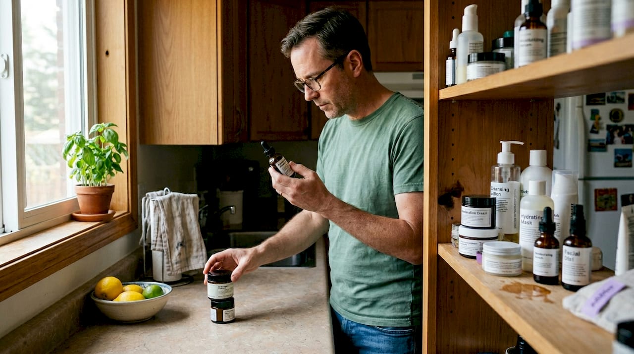 Man examines skincare ingredients in kitchen