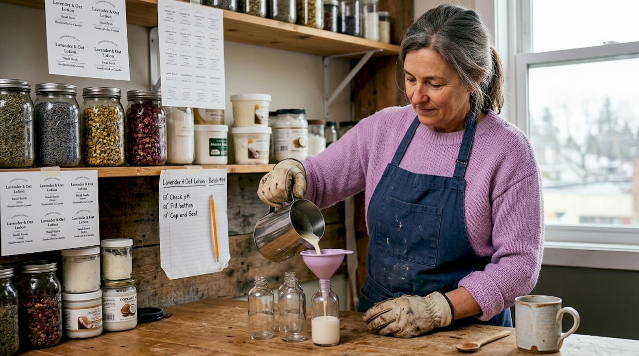 Maker preparing skincare bottles in studio