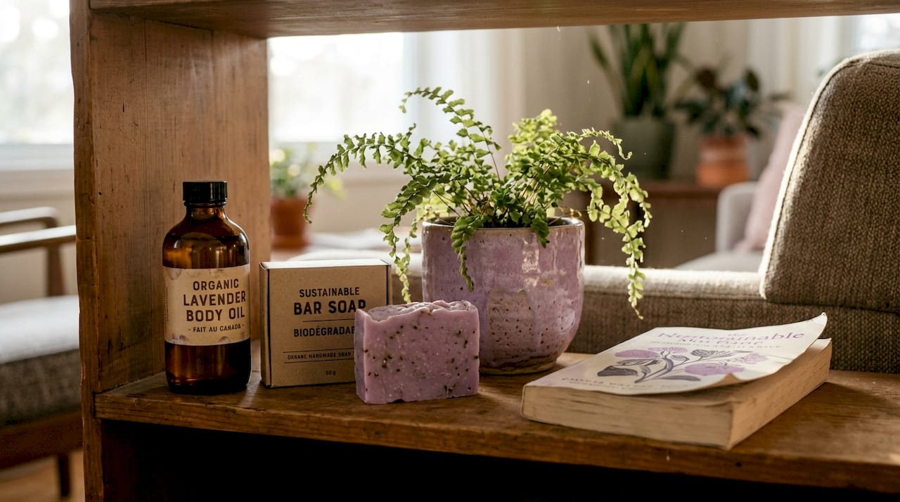 Organic body care products on wooden shelf