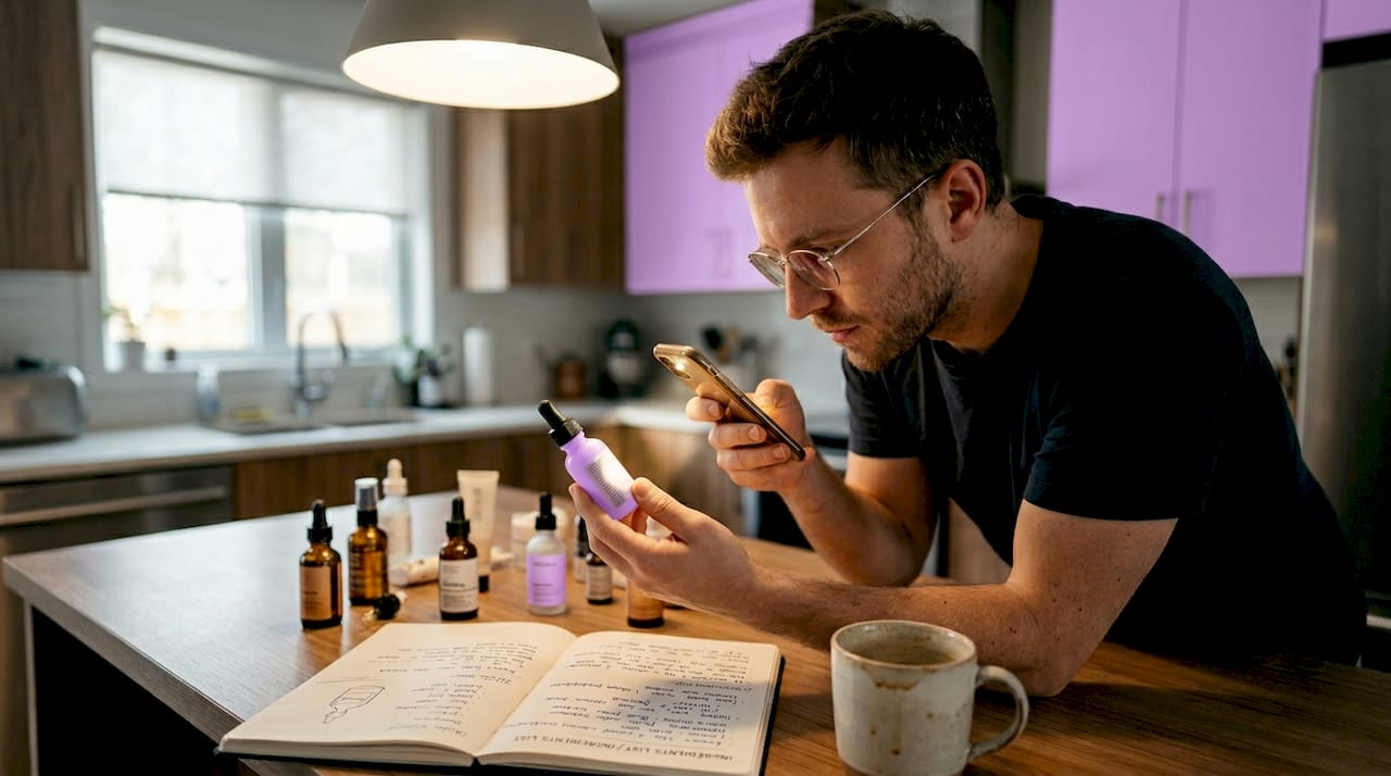 Man reading skincare label with phone light