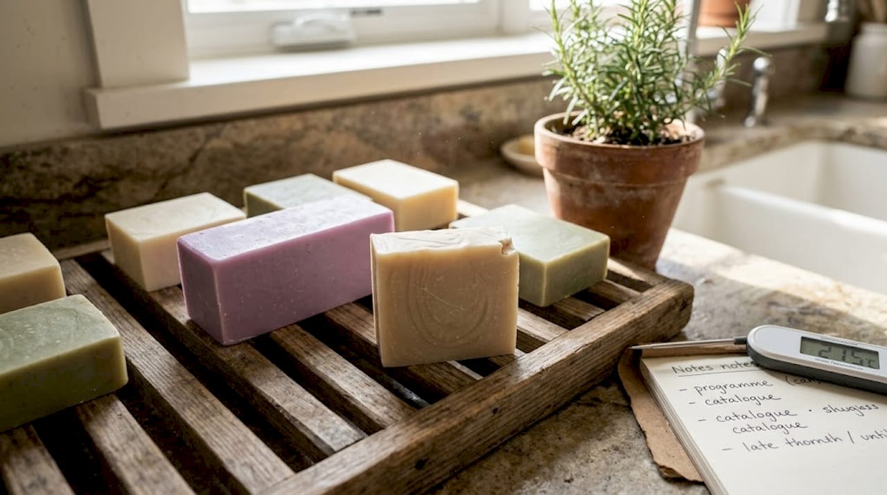 Homemade soap bars drying on kitchen rack
