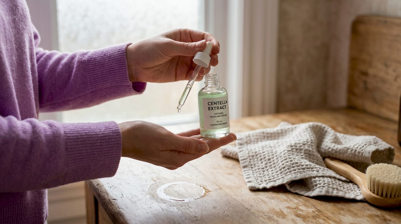 Hands dispenses Centella serum at bathroom counter