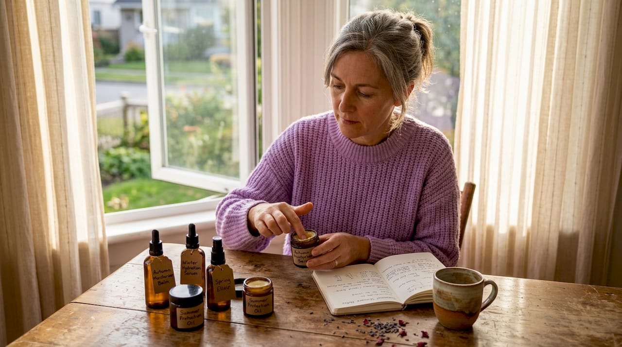 Person sorting seasonal skincare products at table