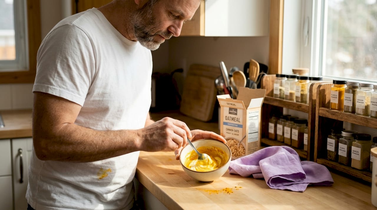 Making turmeric skin mask in kitchen