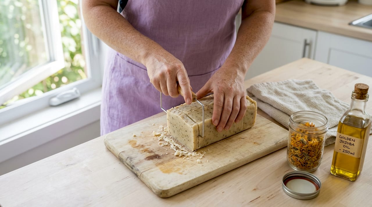 Hands crafting natural soap in a home kitchen
