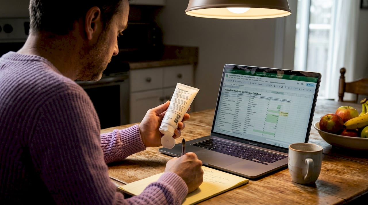Man researching skincare purity at kitchen table