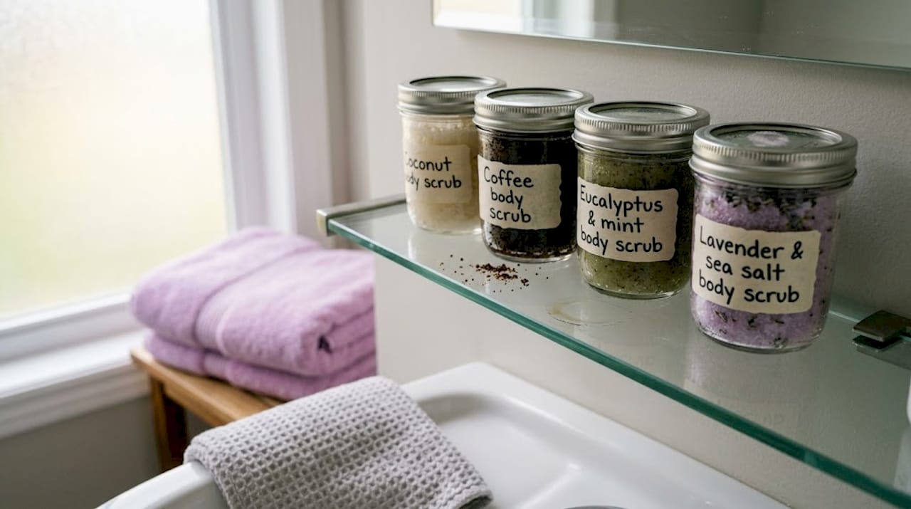 Glass jars of scrubs on bathroom shelf