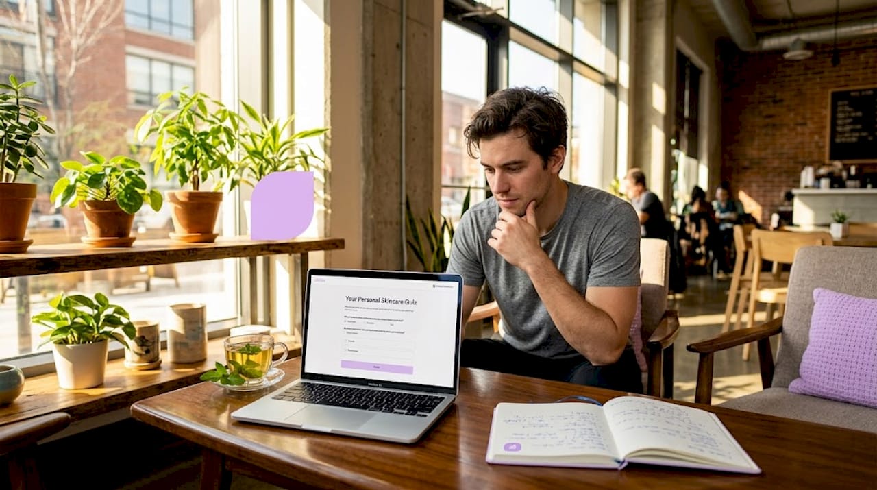 Man filling out digital skincare quiz at home