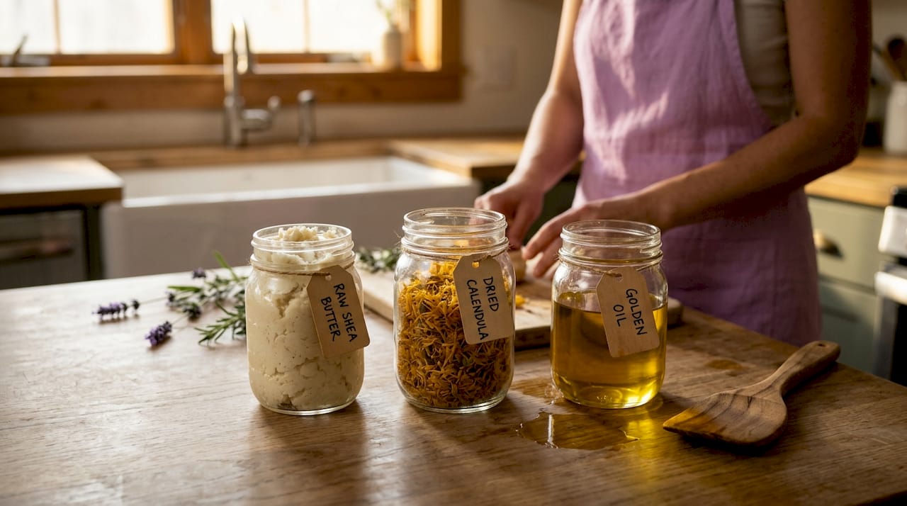 Glass jars of natural skincare ingredients on counter