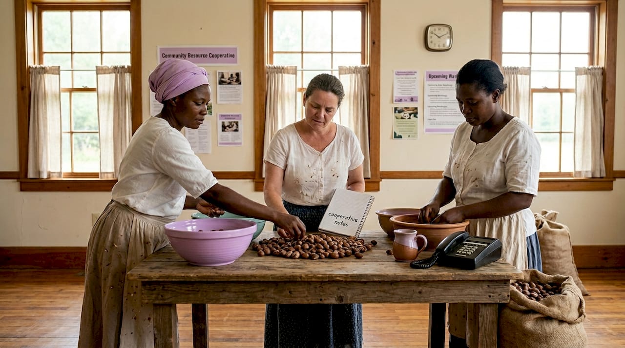 Women sorting shea nuts in cooperative workspace