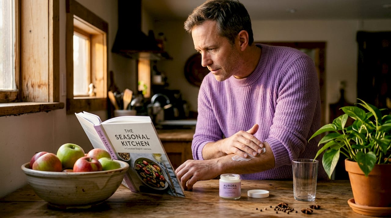 Man uses moisturizer at kitchen island