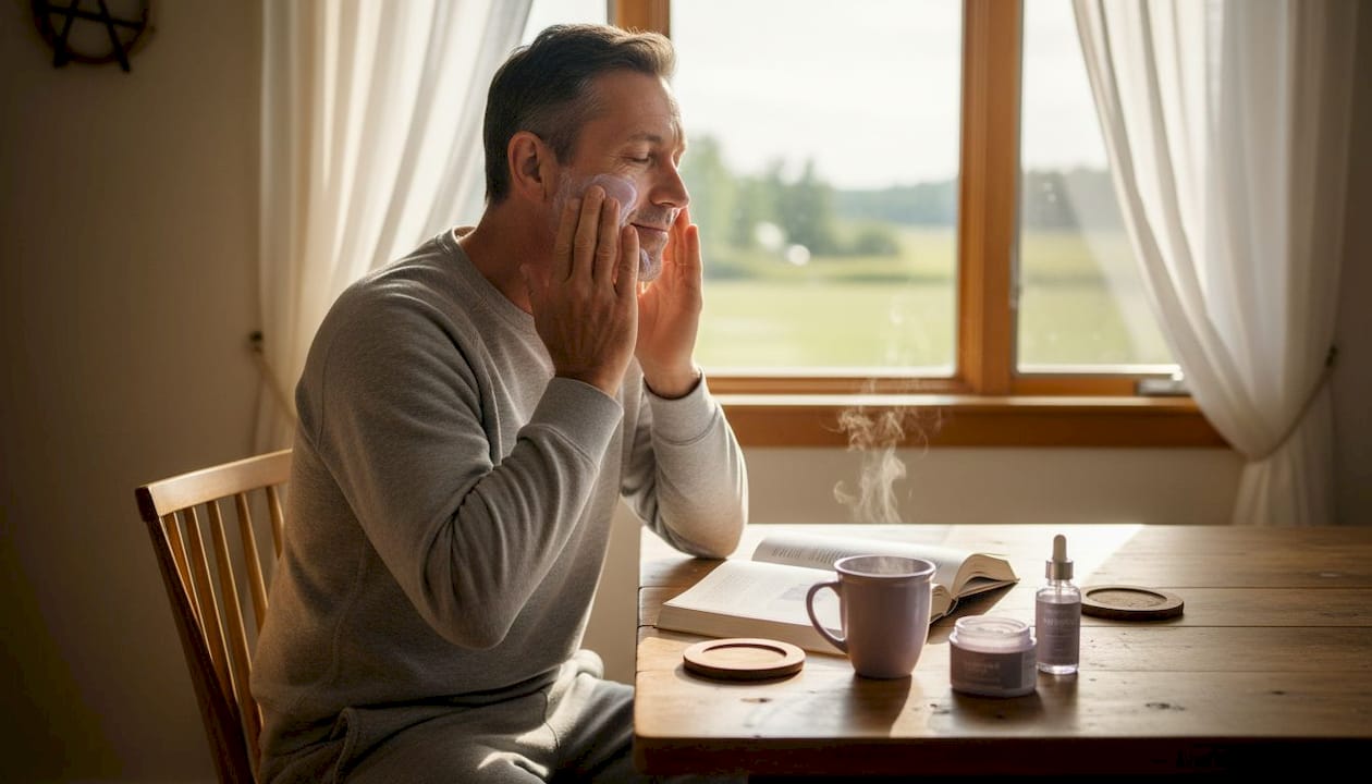 Man moisturizing face at kitchen counter