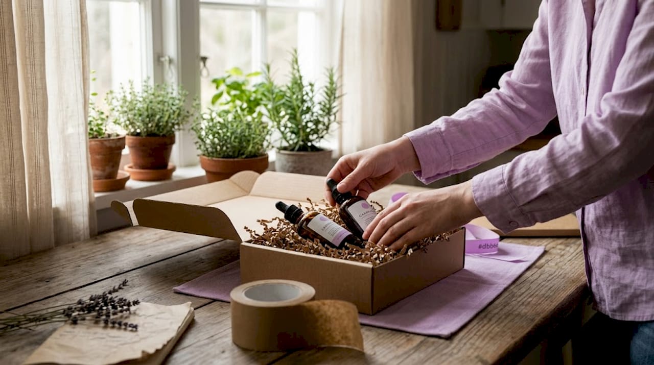 Hands packing eco-friendly skincare bottles for shipping