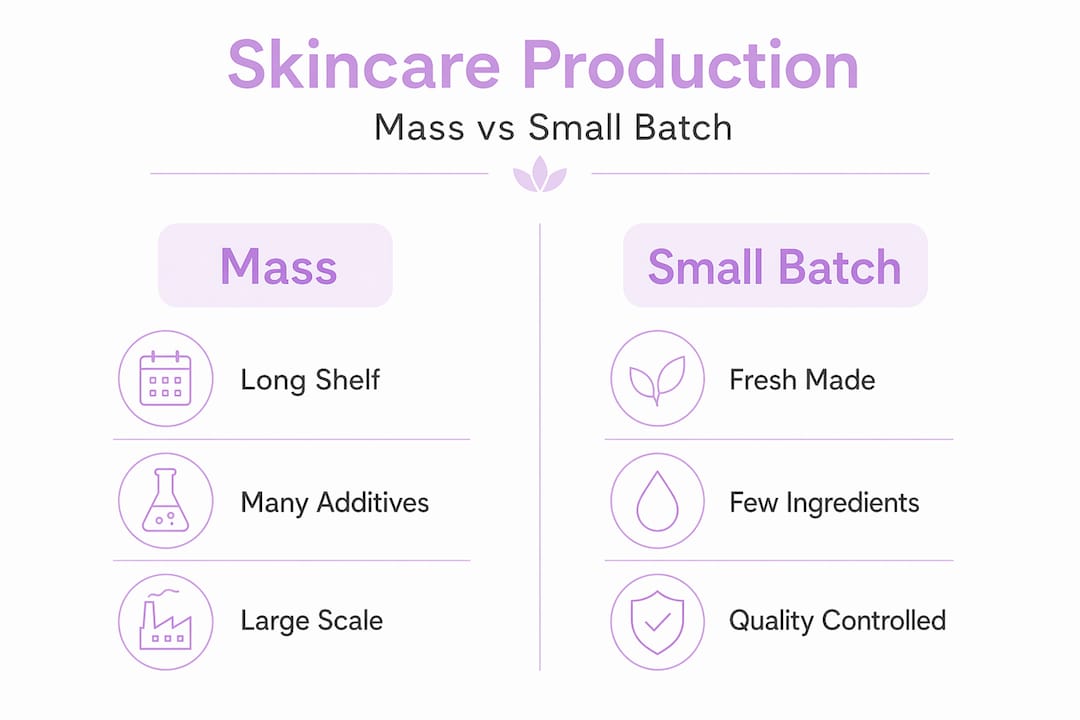 Infographic comparing mass and small batch skincare