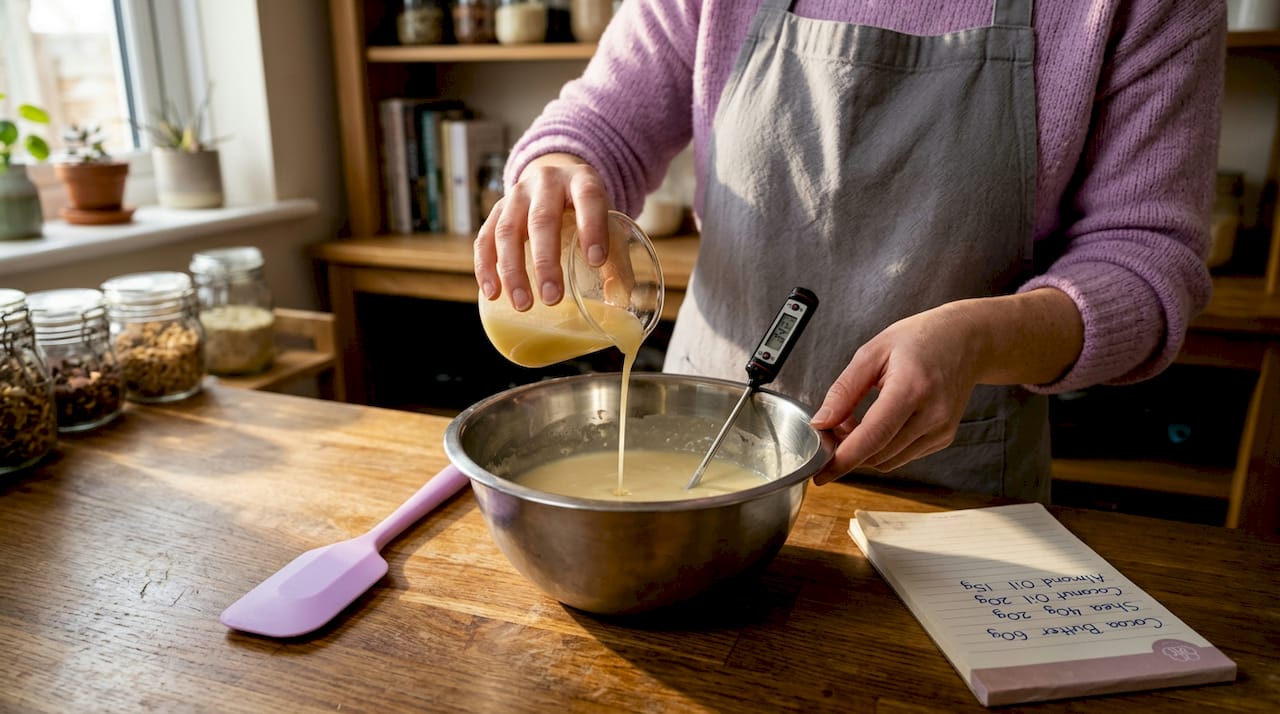 Pouring melted butter into cream mixture