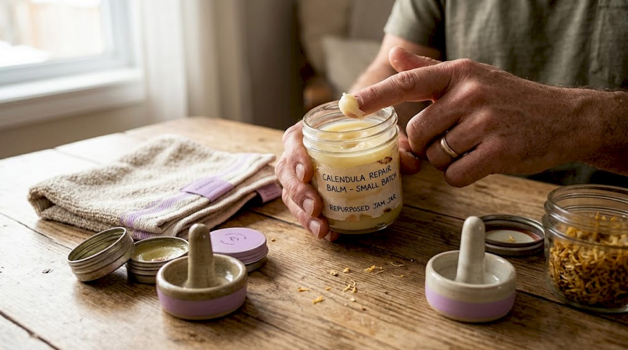 Hands using balm from repurposed glass jar