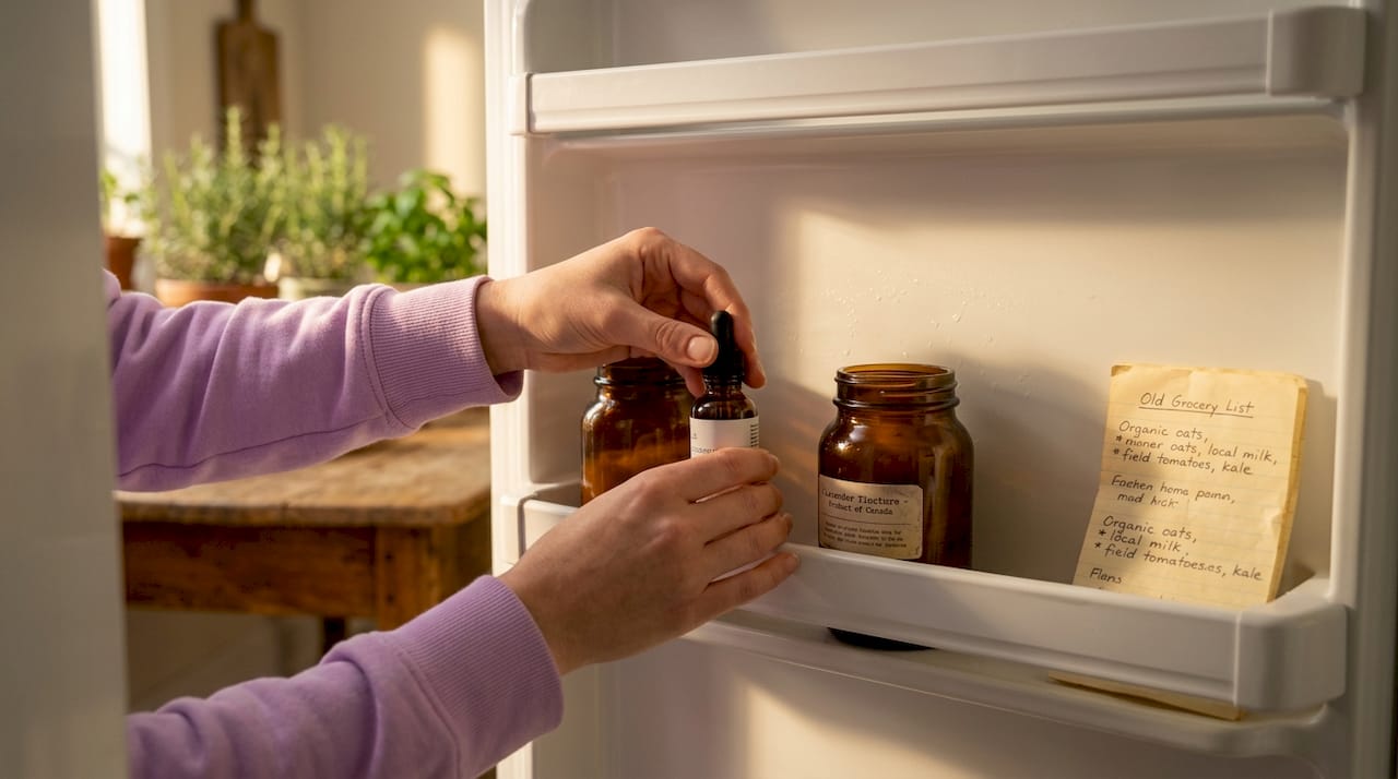Hands storing skincare jars in home fridge