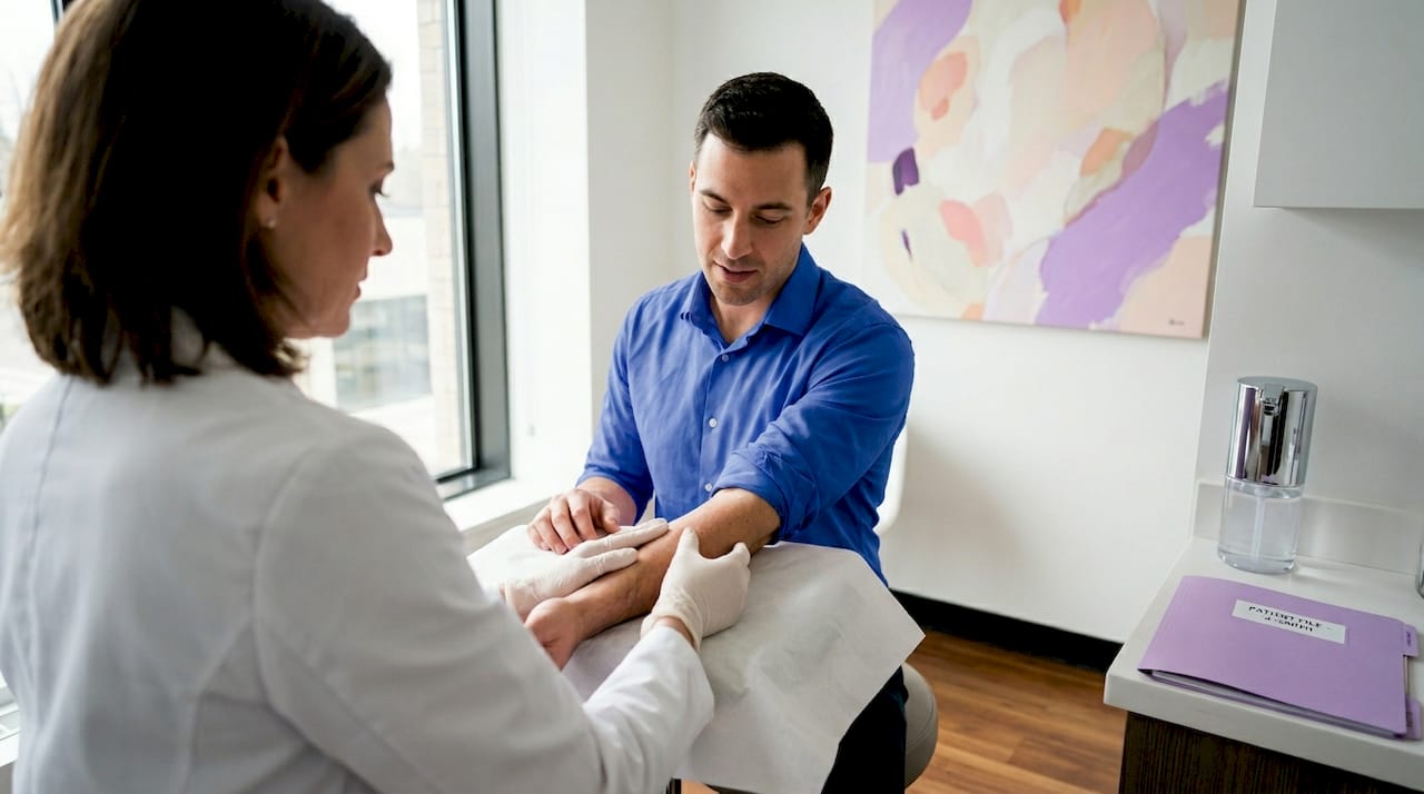 Dermatologist checking patient’s forearm for irritation
