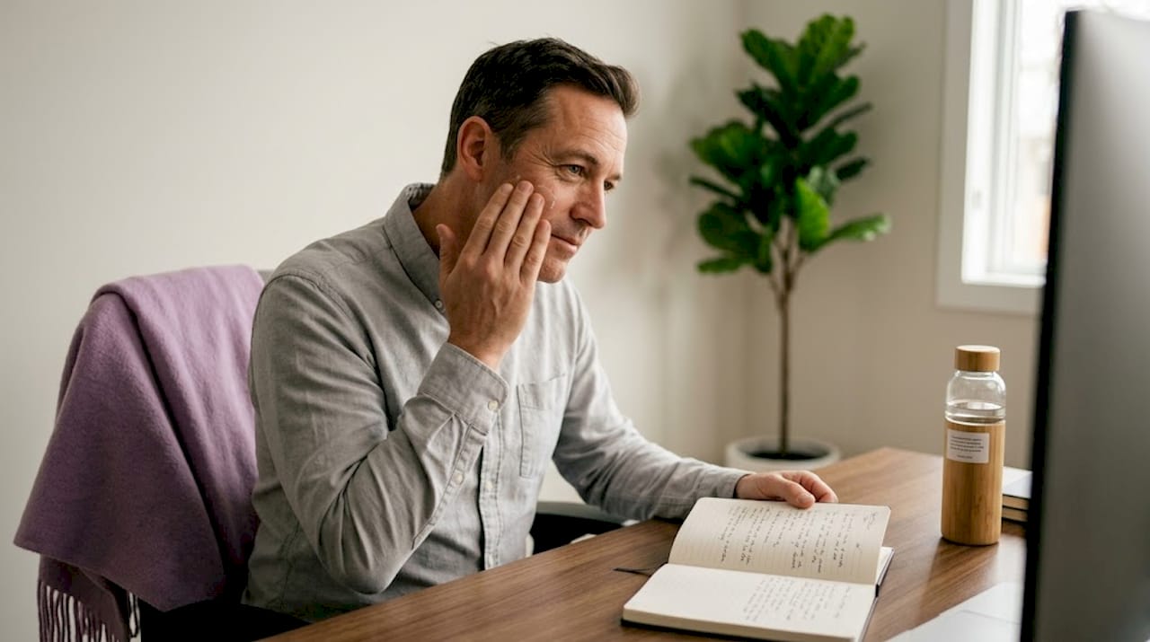 Man applying moisturizer at living room desk
