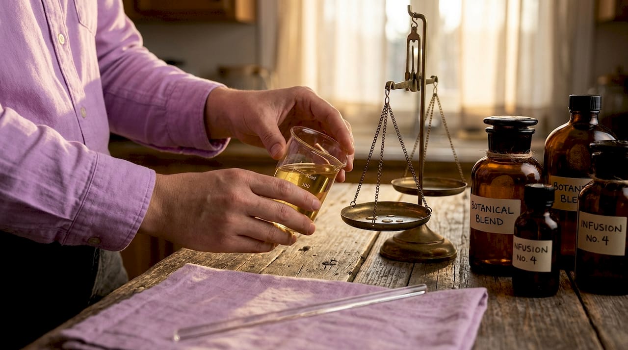 Hands measuring and preparing essential oil blend