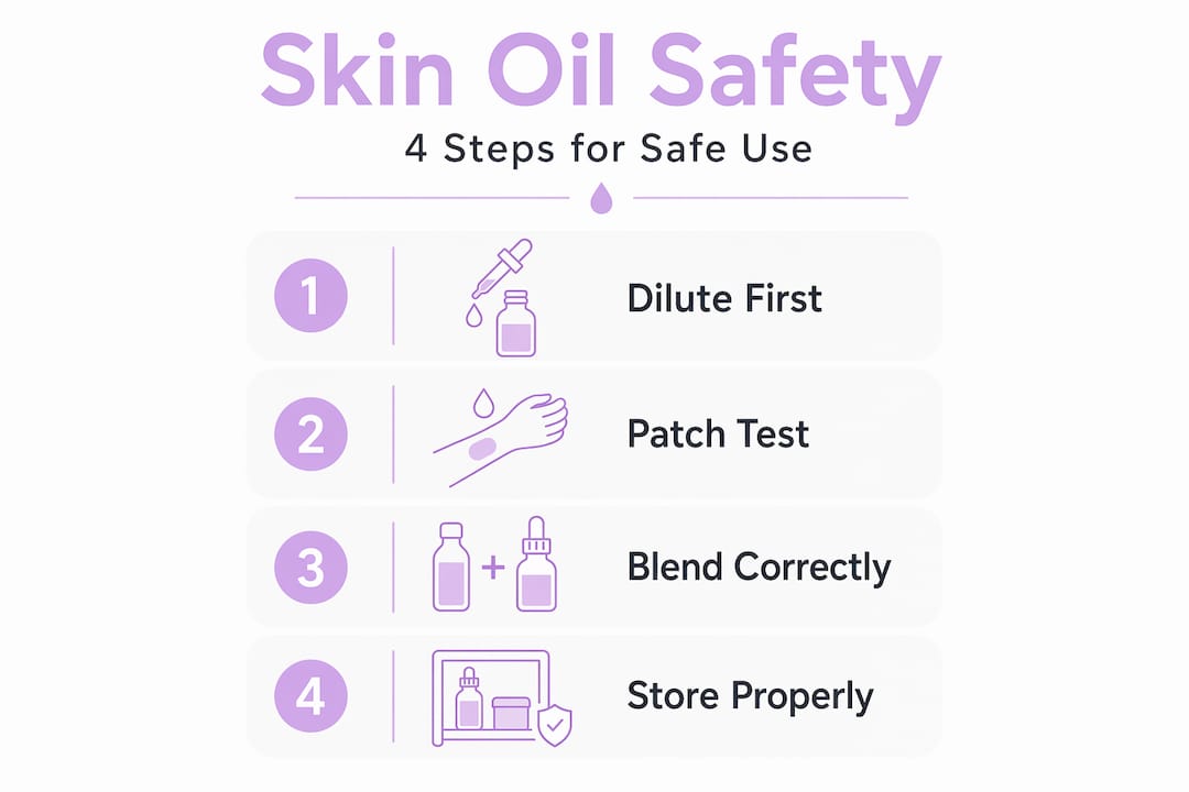 Vertical infographic showing 4 steps for safe essential oil use on skin