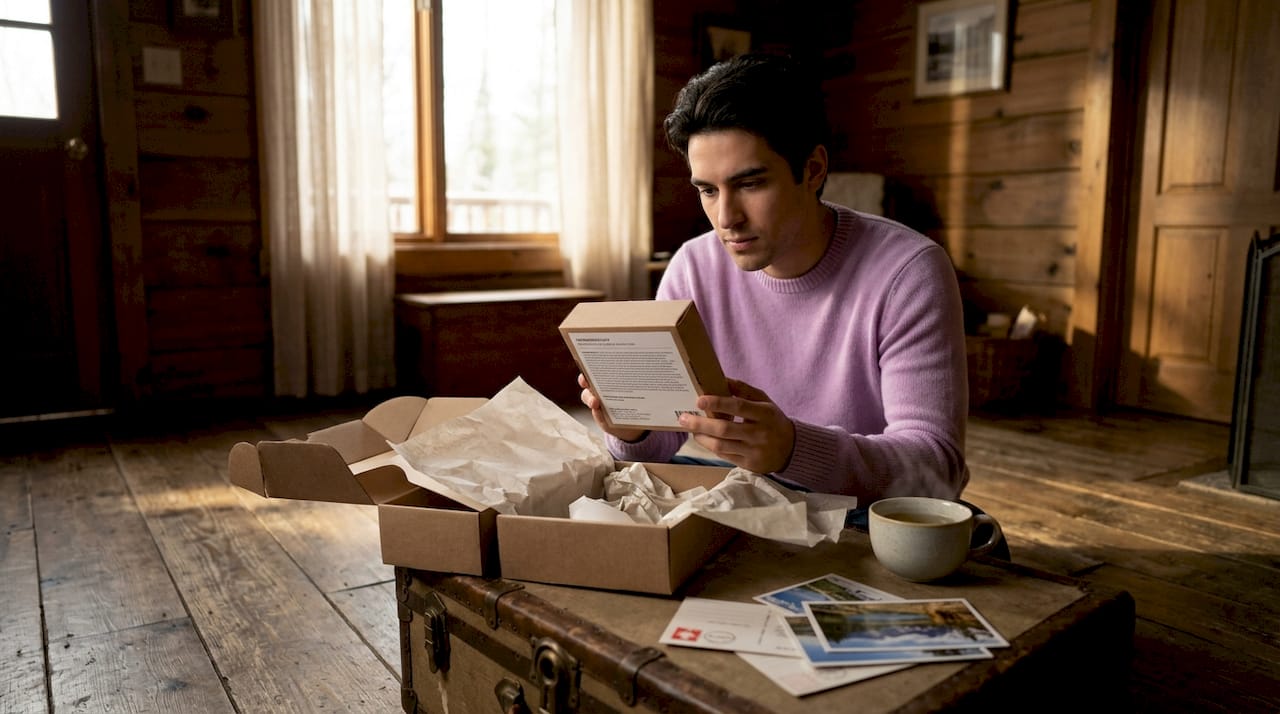 Man examines ingredients on skincare gift box