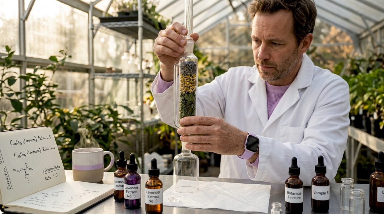 Technician extracting oils in skincare lab