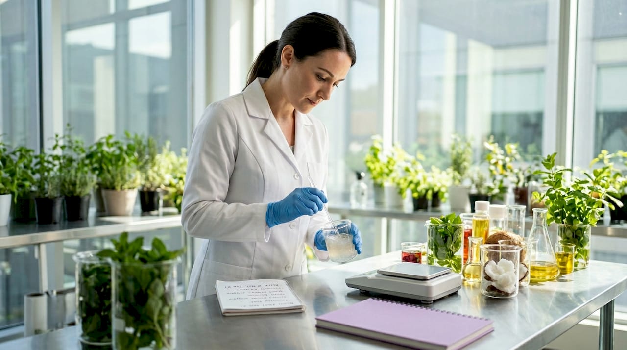 Scientist testing sustainable beauty formulations in lab