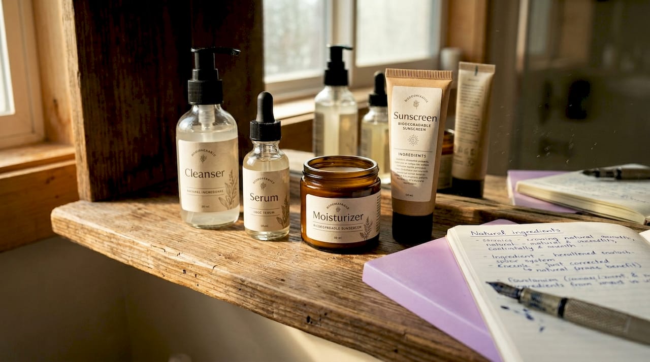 Clean beauty products on wooden shelf with notes