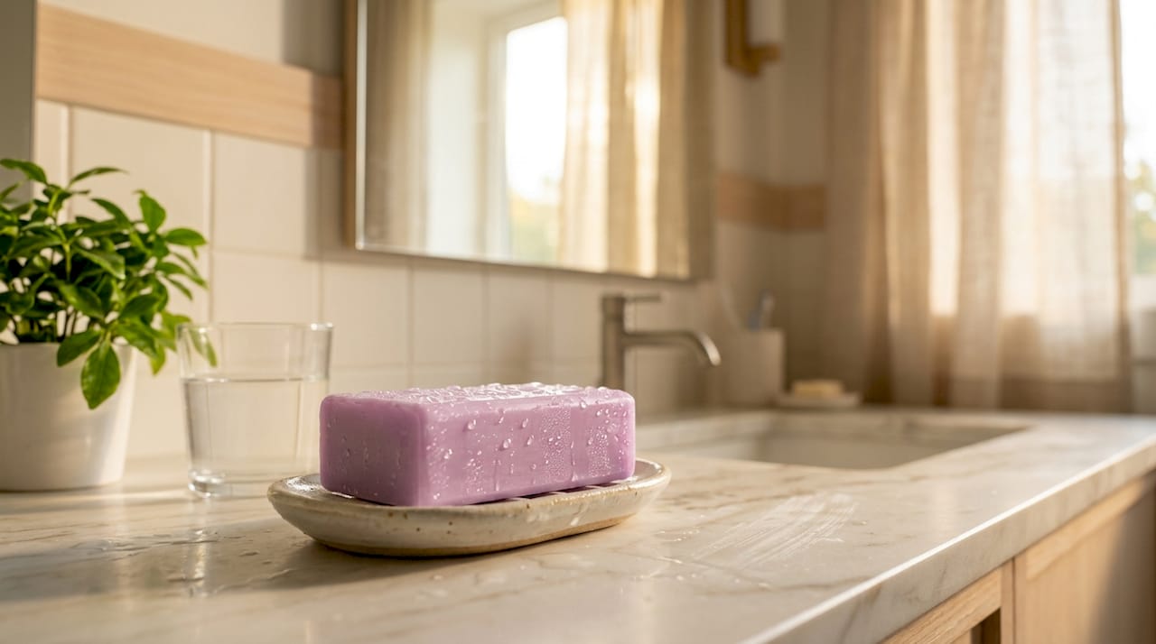 Glycerin soap bar on bathroom counter