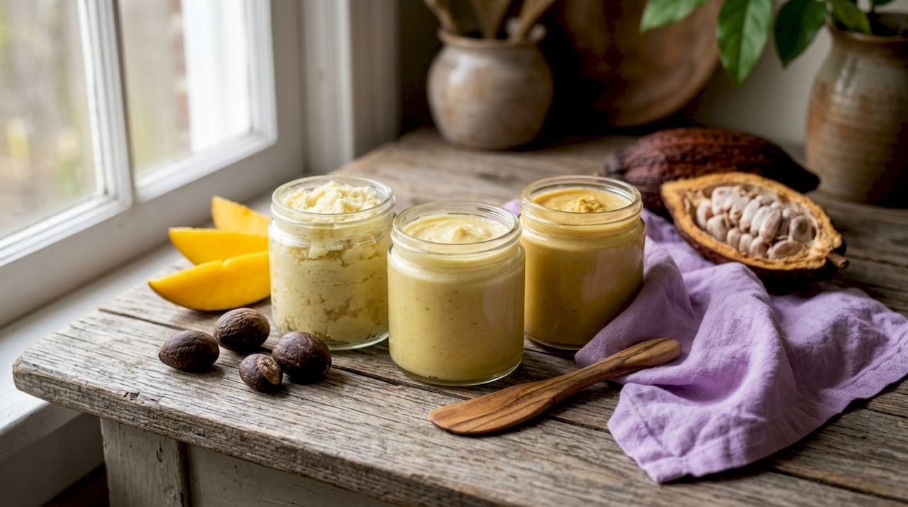 Close-up of natural body butter ingredients in jars