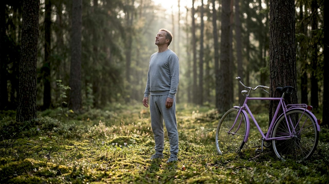 Man doing outdoor deep breathing exercise at sunrise