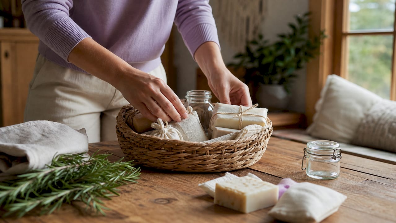 Hands assembling natural skincare gift basket overhead