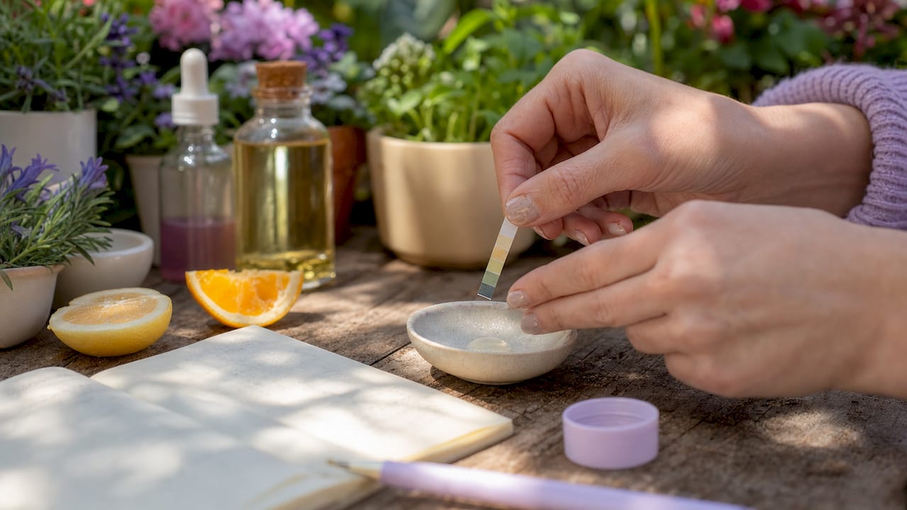 Close-up hands testing serum pH with strips