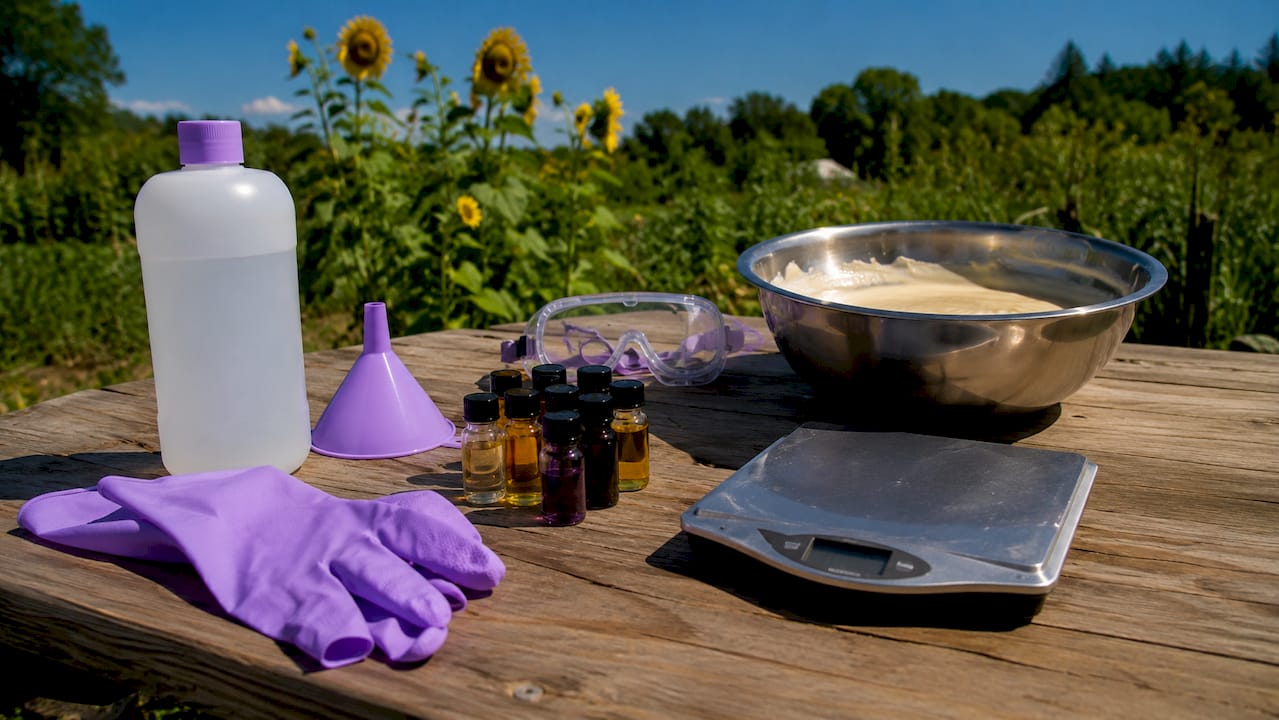 Overhead view of cold-process soap making tools and safety gear