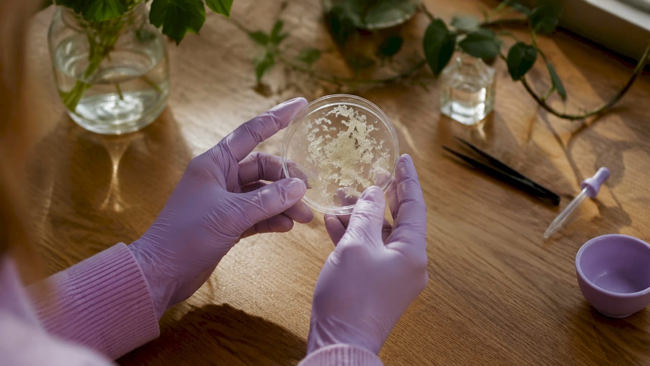 Close-up of exfoliated skin cells in petri dish